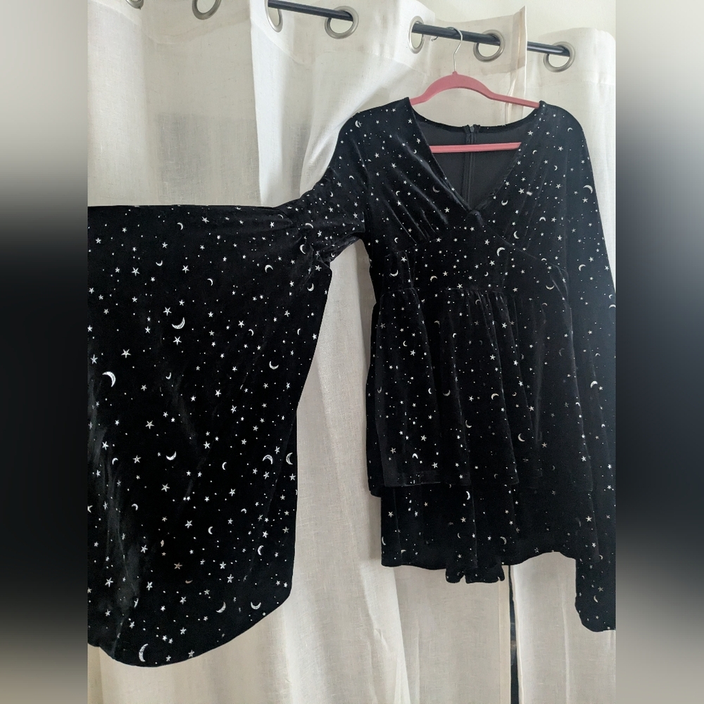 Black Celestial Print Women's Romper Dress